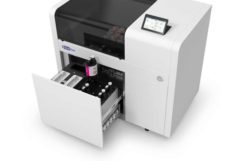 NextDent 300 material drawer open with smart cartridges