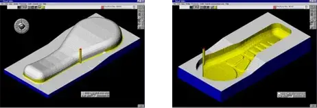 Figs. 4 & 4a: The core and cavity for the remote control part being machined, examples of what the NC programmer creates.