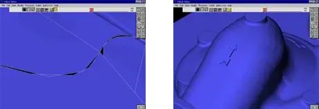 Figs. 5 & 6: IGES files often come in with many problems that need to be repaired before the part can be machined. These pictures show an IGES file for a part with gaps between the surfaces.