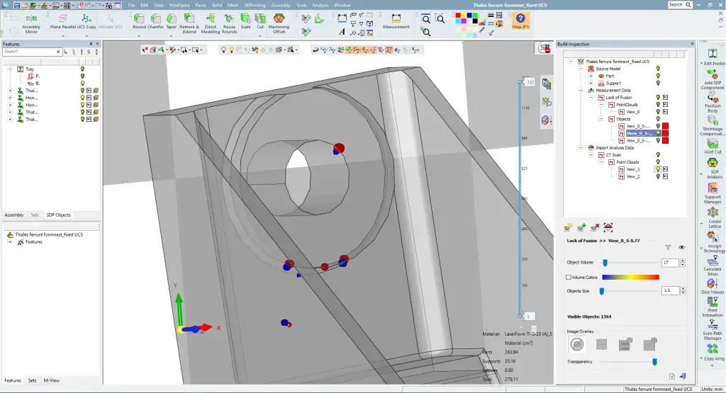 Lack of fusion detection in DMP Inspection, overlayed with CT scan results