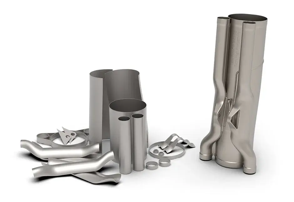 a Formula 1 exhaust metal 3d printed on DMP 350 printer.