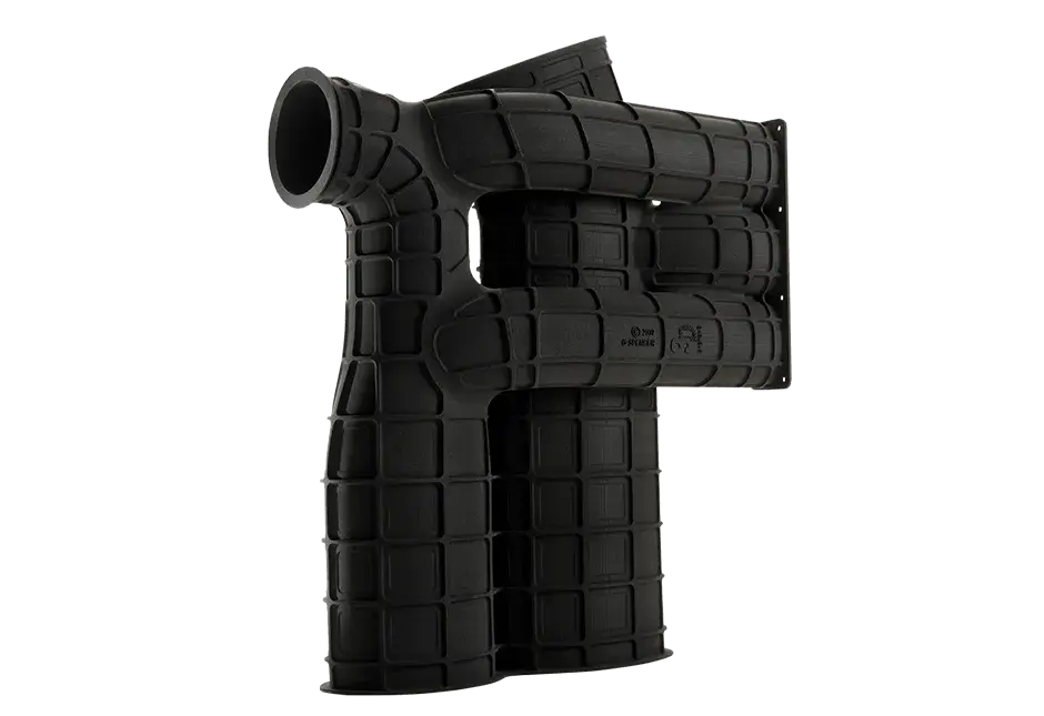 A 3D printed, black, nylon aerospace duct