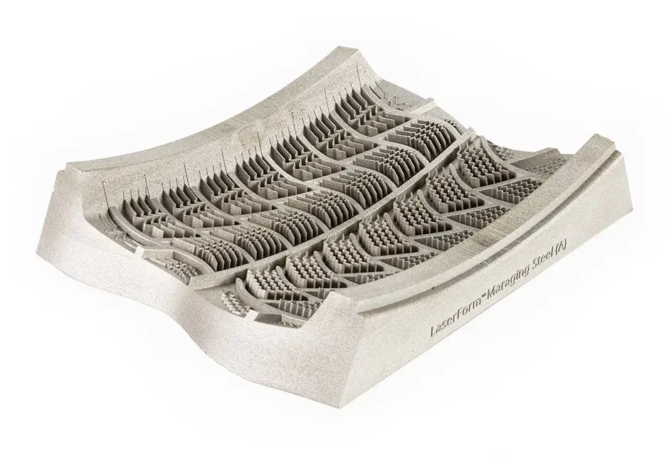 Tire mold segment printed with LaserForm Maraging Steel (A) - reliably print narrow walls, difficult grooves and euro vents
