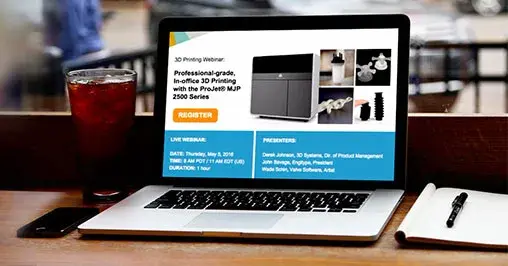 a laptop with webinar information from 3D Systems