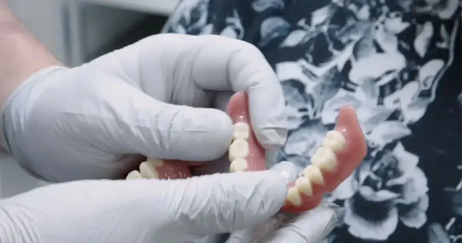 A dentist giving new dentures to a client