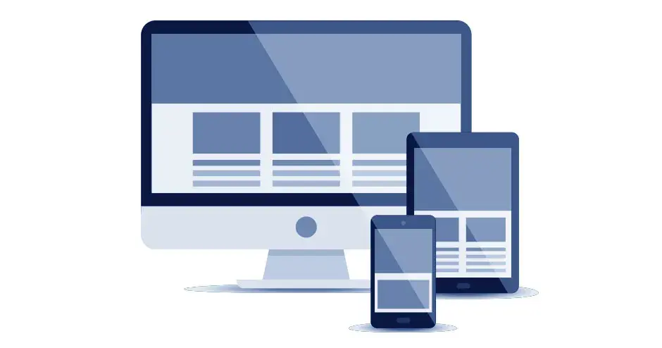 An illustration of multiple device sizes for web design, including desktop, tablet and mobile.