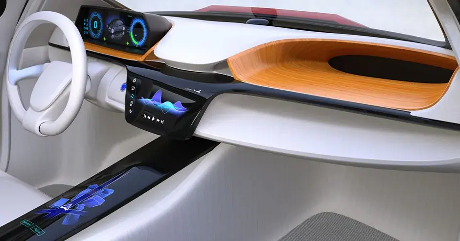 futuristic clean lines white interior of car, led control panels, with light wood console accents
