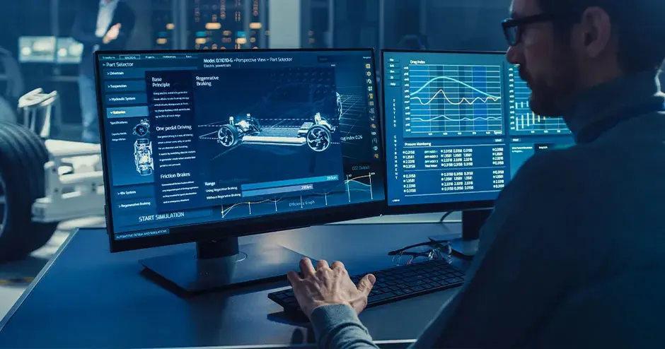 Professional Engineer Works on a Computer with a CAD rendering of a car