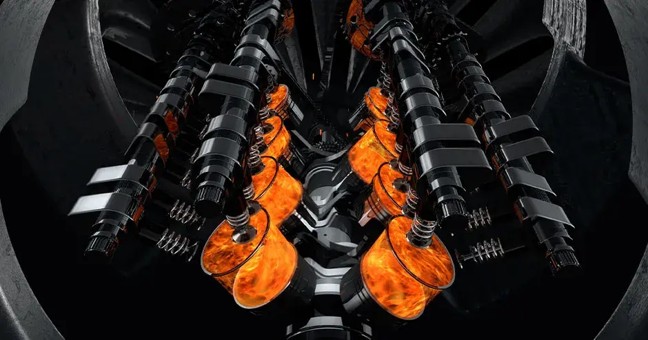 CG model of a working V8 engine with explosions and sparks inside of another machine. Pistons and other mechanical parts are in motion.