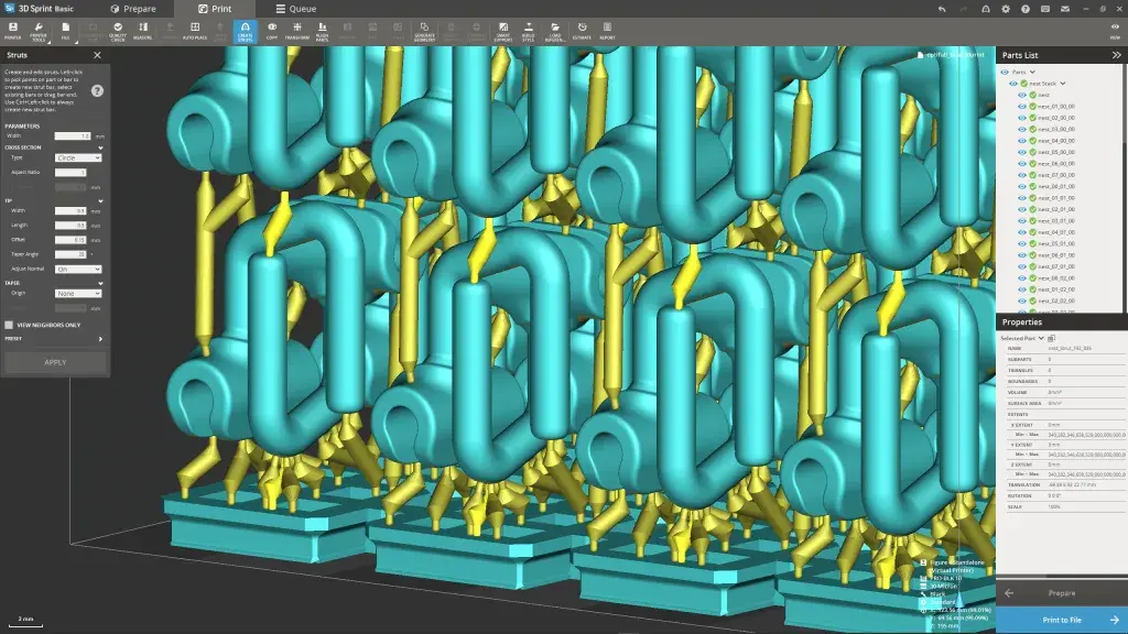 Screenshot from 3D Sprint software demonstrating strut feature for stacked manufacturing