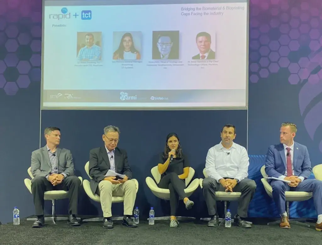 Jared Matthews of Advanced Regenerative Manufacturing Institute (ARMI), moderated the panel discussion among industry leaders Brian J. Hawkins PhD from Pluristyx Inc., Henry Kim from Dimension Inx, and Adam Feinberg PhD from FluidForm Inc.