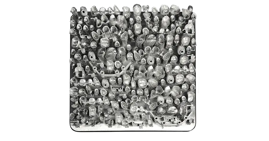 A plate of dental crown bridges made from LaserForm CoCr on a DMP Flex 200 3D Printer