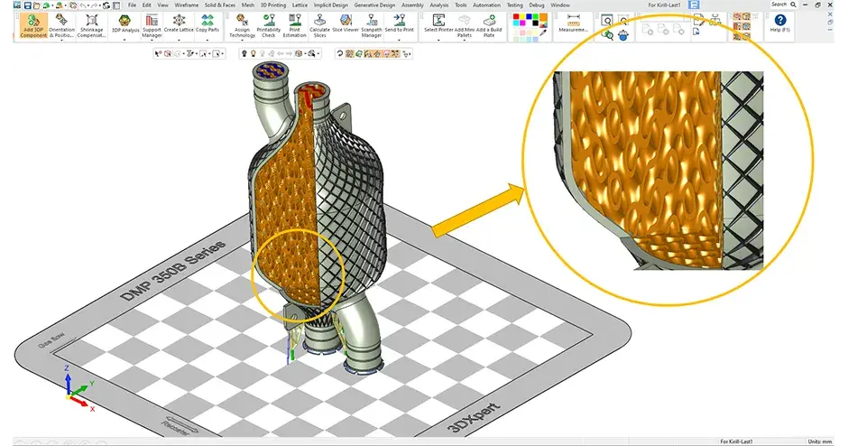 3DXpert rendering of a Heat exchanger designed with Implicit Modeling