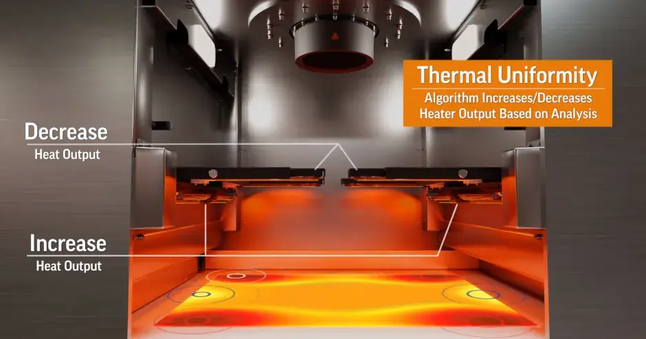 An image showing the thermal uniformity of a 3D Systems SLS build chamber