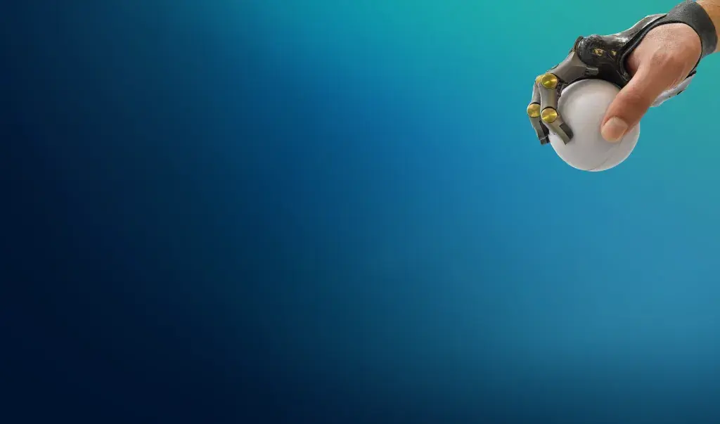 blue ombre background with partial hand prosthetic holding a white ball in the top right