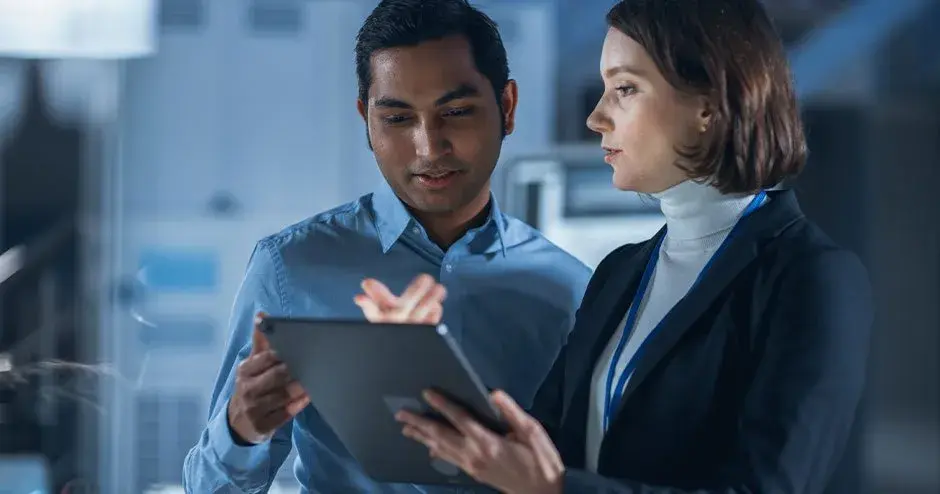 2 people talking and working on a tablet
