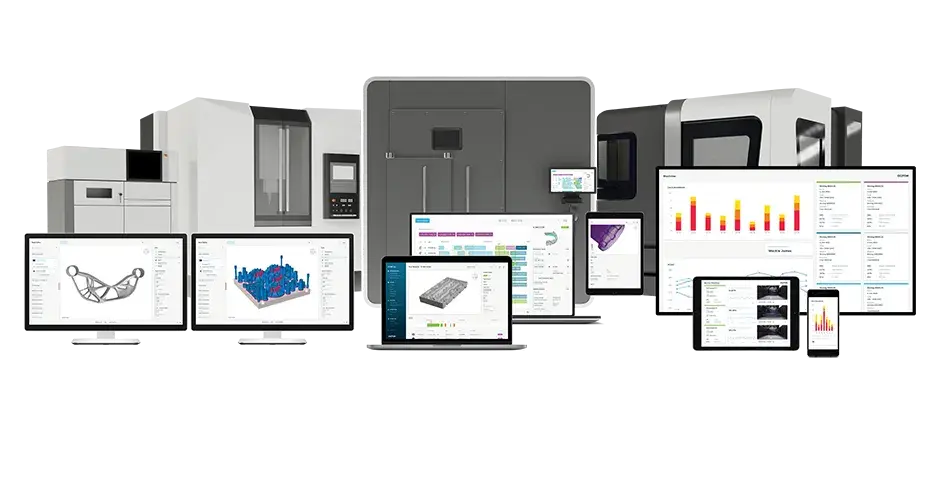 a row of desktops with an assortment of Oqton software views