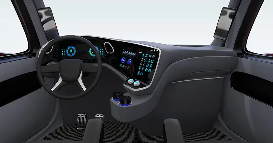 Render of a truck cabin interior with design features for driver ergonomics and riding comfort
