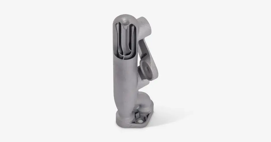 Additively manufactured fuel rail produced with direct metal printing technology  featuring optimized fluid dynamics design and part consolidation of various components into one.