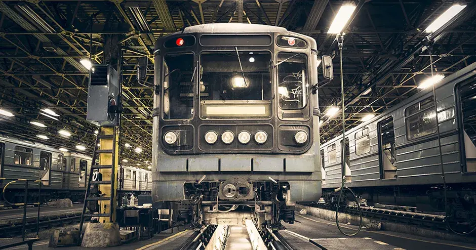 Metro train docked on the tracks for maintenance