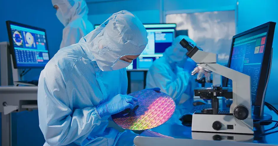 a technician holding a wafer