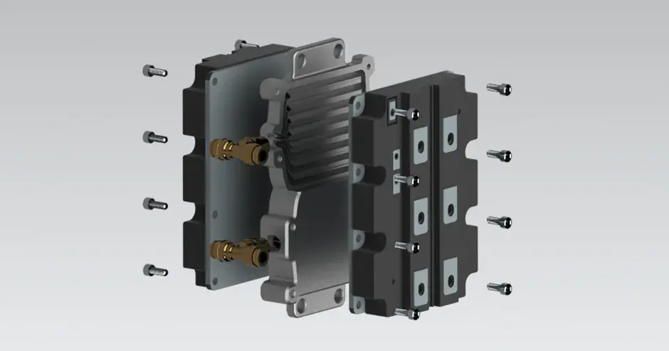 Cut view of conformal cooling galleries in a heat sink for an electronic module printed with metal AM