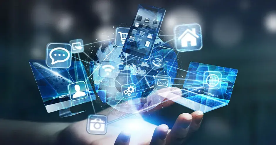 a hand with tech graphics emerging with a strong glow