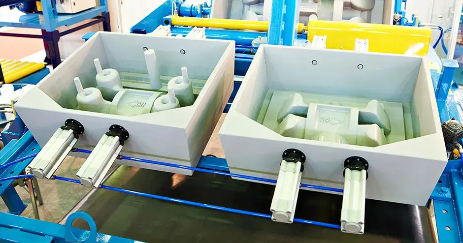 Cope and drag produced with stereolithography (SLA) being prepared for the sand casting process  