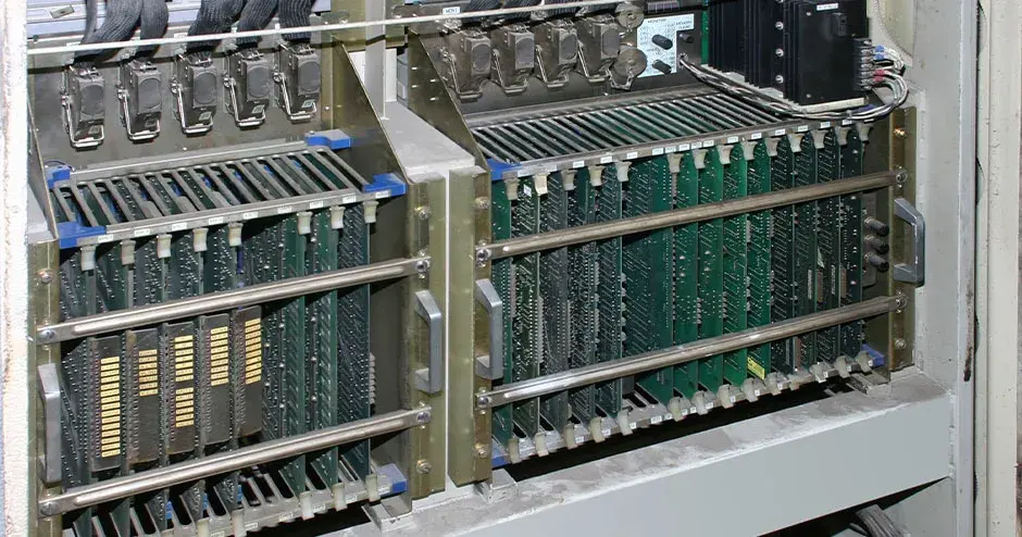 Previous generation of operational electronic microprocessor control boards being serviced in electric and diesel-electric locomotives  