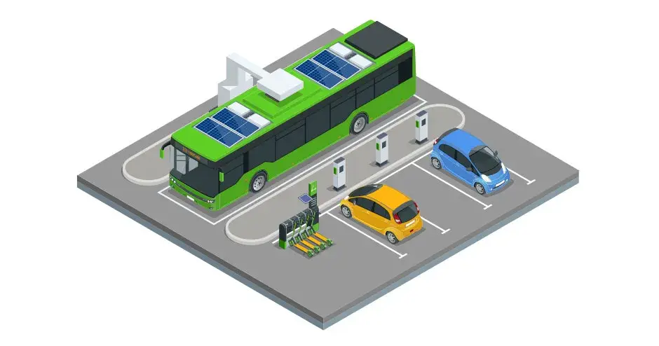 Sketch of electric passenger bus using an automatic overhead charging station. 