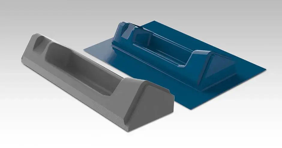 An interior train part produced using a 3D printed mold and conventional vacuum process.