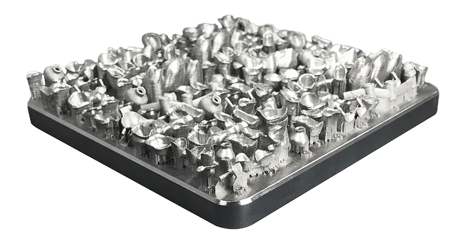 A plate of dental crown bridges made from LaserForm CoCr on a DMP Flex 200 3D Printer