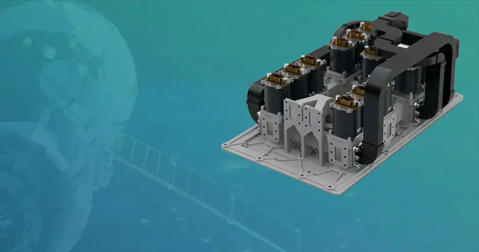 A satellite part with a blue and teal background