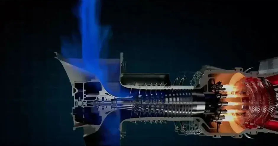 Gas turbine firing animation with compressor and power turbine