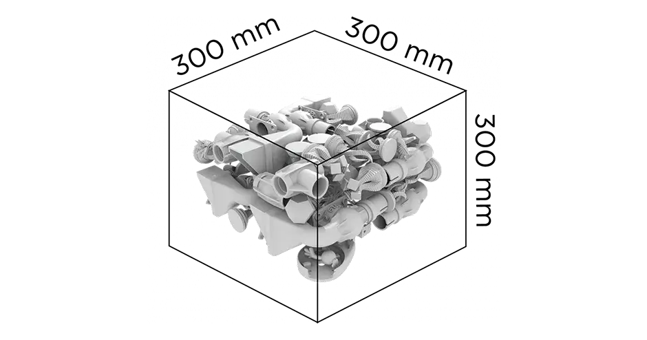 A graphic showing the build volume for the SLS 300 printer