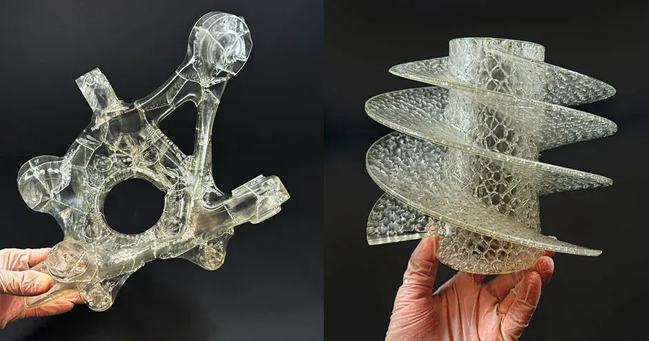 A side by side view of someone holding a 3D printes part make with QuickCast Air