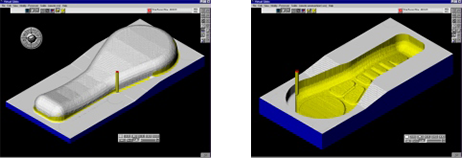 Figs. 4 & 4a: The core and cavity for the remote control part being machined, examples of what the NC programmer creates.