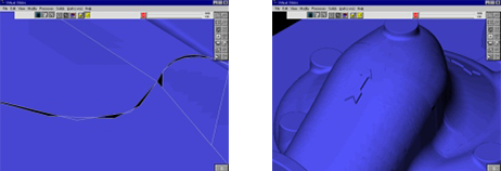 Figs. 5 & 6: IGES files often come in with many problems that need to be repaired before the part can be machined. These pictures show an IGES file for a part with gaps between the surfaces.