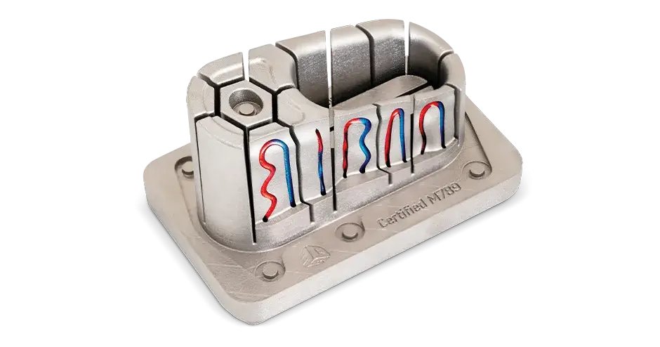 A mold insert air vent with conformal cooling DMP tooling made from Certified M789 (A)